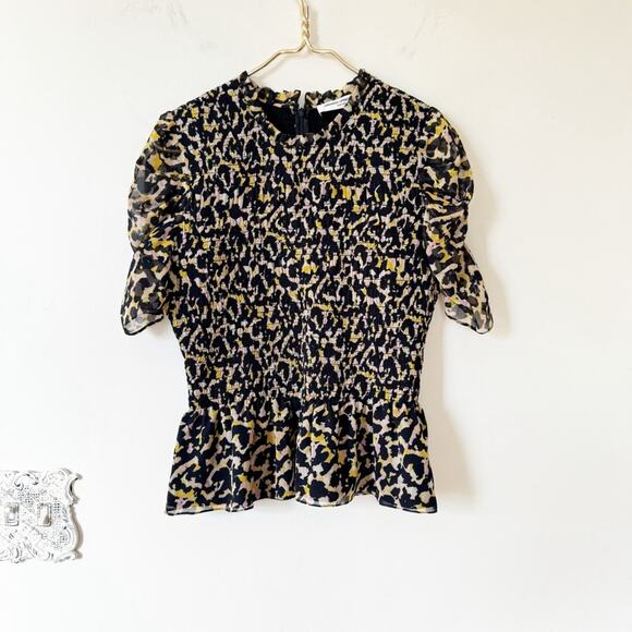 Amanda Uprichard Adrina Leopard Animal Print Smocked Blouse M - Picture 5 of 14